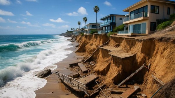 Laguna Beach coastal erosion impacting shoreline and structures.