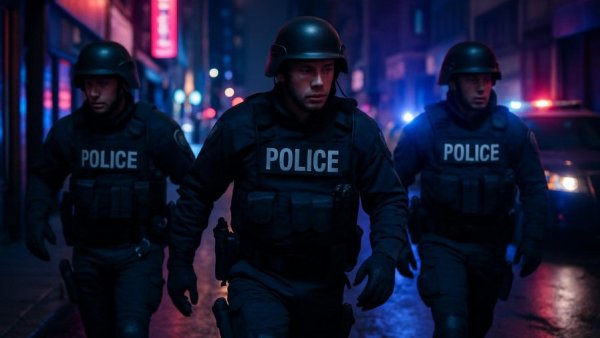 Police officers in tactical gear at night during Pasadena police shooting.
