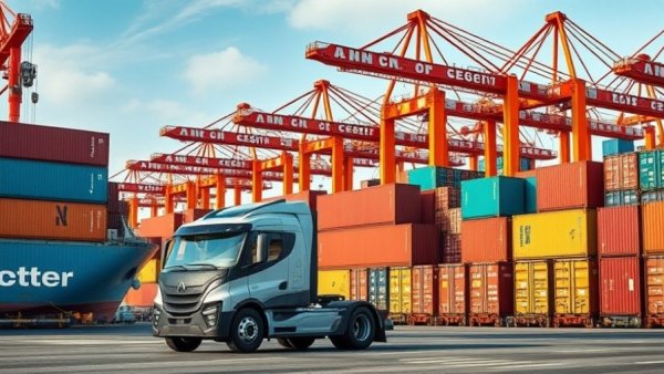 Electric truck route at busy port with containers and cranes.