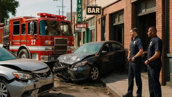 Los Angeles firetruck crash involving cars and building.