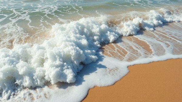 Surf safety with waves meeting sandy shore in sunlight