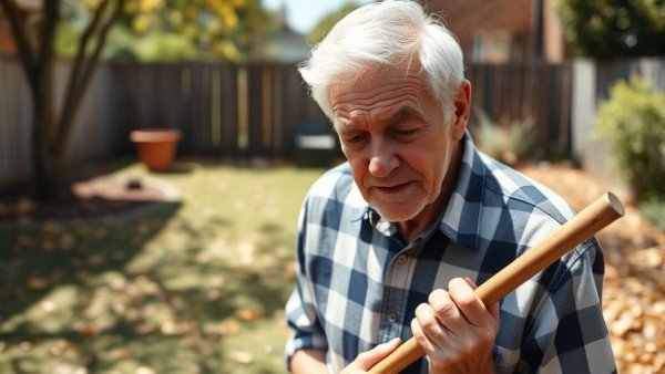 Older man experiencing leaf raking injuries while working in the yard.
