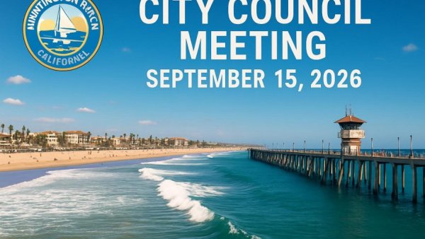 City council meeting announcement with pier and ocean backdrop.
