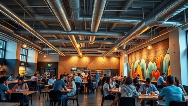 Modern cafe with exposed ductwork and lively crowd.
