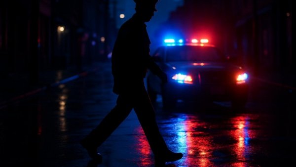 Orange County nighttime police scene with crime tape and flashing lights.