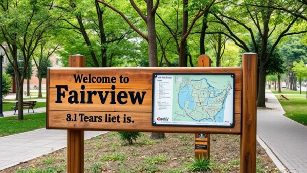 Costa Mesa Fairview Plan wooden sign with map in a park setting.