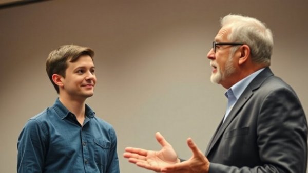 Two men in discussion on stage at an indoor event.