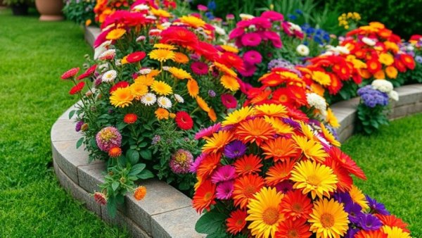 Vibrant garden with colorful flowers and budget-friendly edging