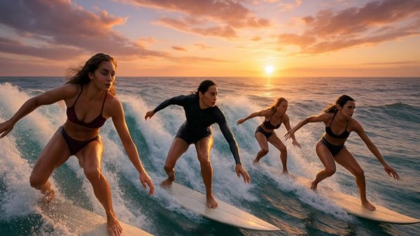 Women surfers skillfully riding ocean waves at sunset.