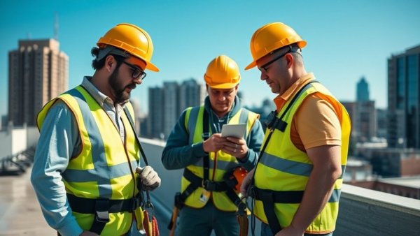 Roofing safety measures with workers inspecting harnesses on a rooftop