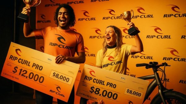 Rip Curl GromSearch winners celebrating with trophies and checks.