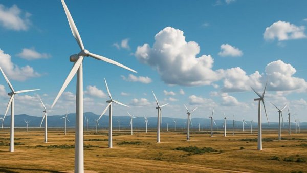 OCPA Energy Claims: wind turbines against clear blue sky and mountains.