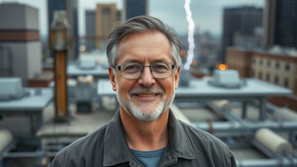 Man with lightning protection system in the background, protecting data centers from lightning strikes.