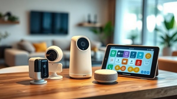 Smart home devices for reliability troubleshooting on wooden table.