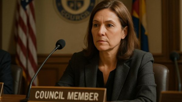 Orange County Council member looking thoughtful during meeting.