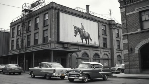 Vintage L.R. Oatey Co. building with classic cars, 1950s style.