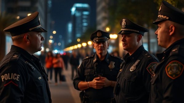 Long Beach police officers in discussion at night captured on body camera.