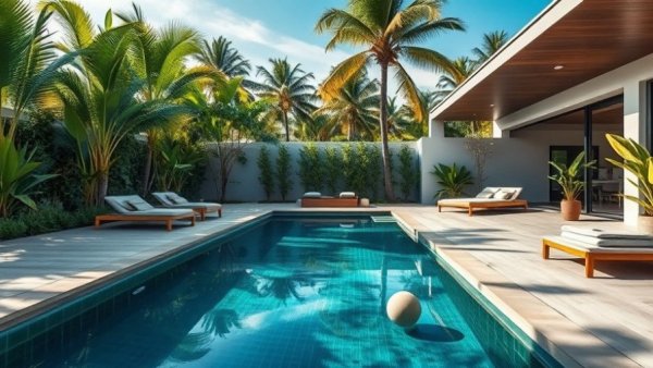 Modern backyard design ideas with pool and lush greenery.