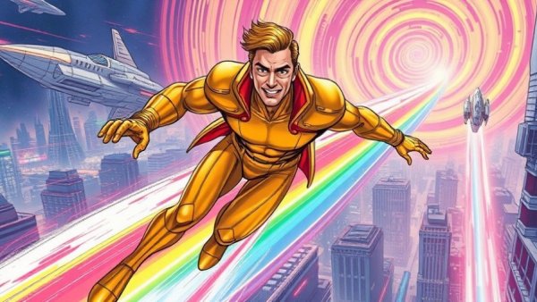 Waverider superhero surfing through time in a cosmic cityscape