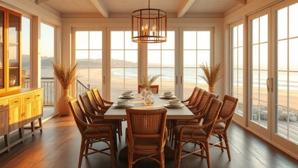 Coastal style home decor dining room overlooking ocean view.