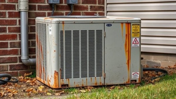 Aging HVAC unit lifespan beside brick building.