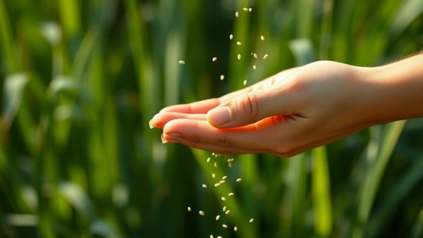 Hand scattering grass seeds for fall lawn care tips in Buffalo NY.