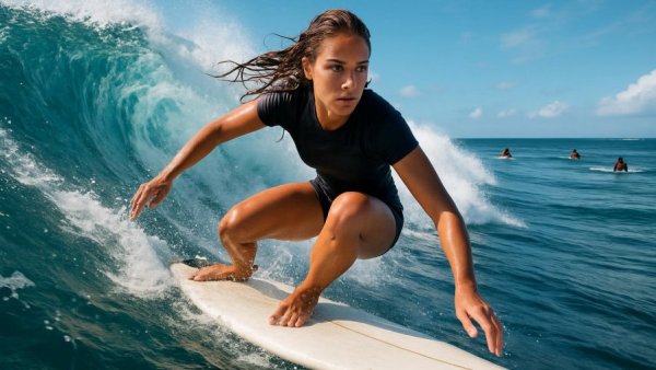 Women surfers fitness: Female surfer riding waves in the ocean.