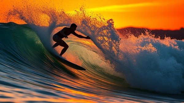 Dynamic surfer silhouette riding a wave at sunset, illustrating what makes a core lord.