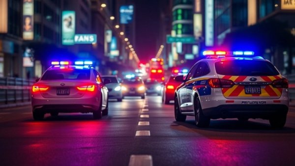 Long Beach police cars with flashing lights ensuring traffic safety at night