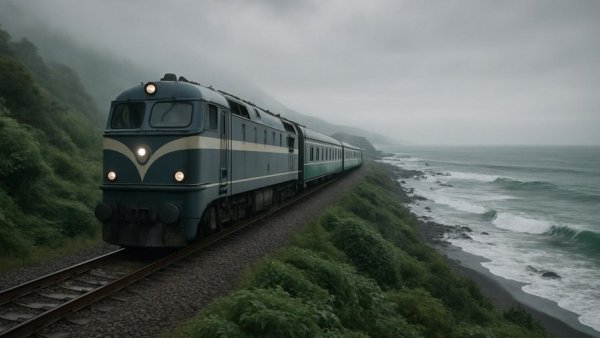 San Clemente train tracks along sandy coast with ocean view.