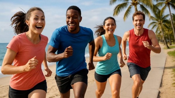 Participants in the Huntington Beach Tunnel to Towers Race running joyfully by the beach.