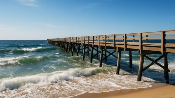 Huntington Beach pier extending into ocean with waves and clear sky