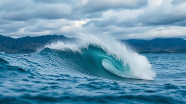 Immersive surf film technology capturing ocean wave against mountains