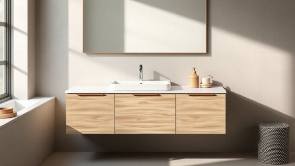 Modern Duravit Ocavo bathroom furniture in light wood finish.