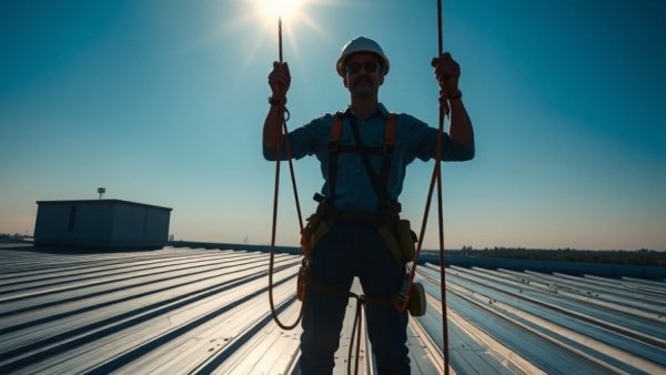 Worker in safety gear managing harness on roof for OSHA training.