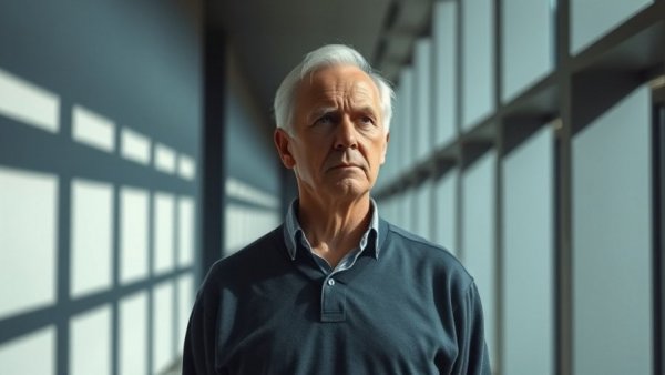 Older man in corridor reflecting, related to trauma studies program.