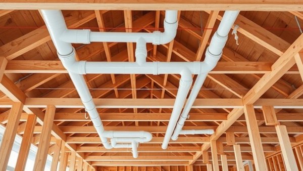 Exposed ceiling with plumbing in return-air plenums at construction site.