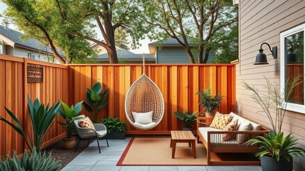 Modern backyard with privacy fence design ideas and cozy seating.