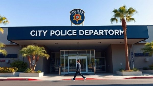 Long Beach Police Department building entrance with trees.