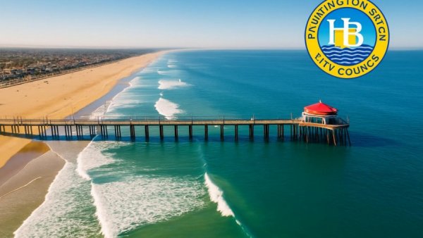 Huntington Beach City Council meeting announcement with pier view.