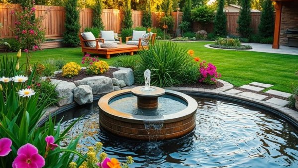 Scenic backyard with water feature landscaping ideas