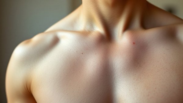 Close-up of man's torso with chest growths, surfer's concern.