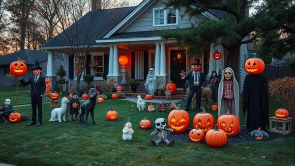 Eclectic Halloween yard decor trends 2026 with spooky figures and display.