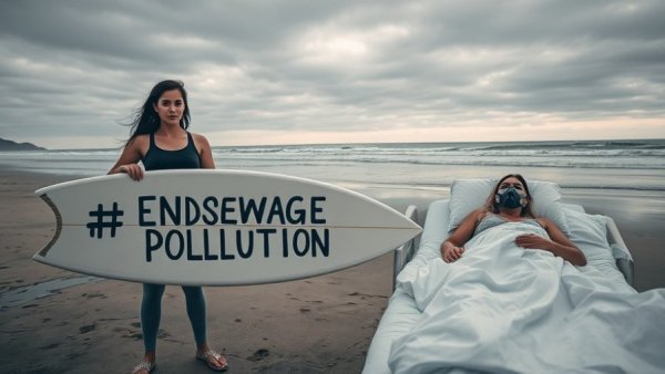 Women surfers protest sewage pollution with surfboard message on beach.