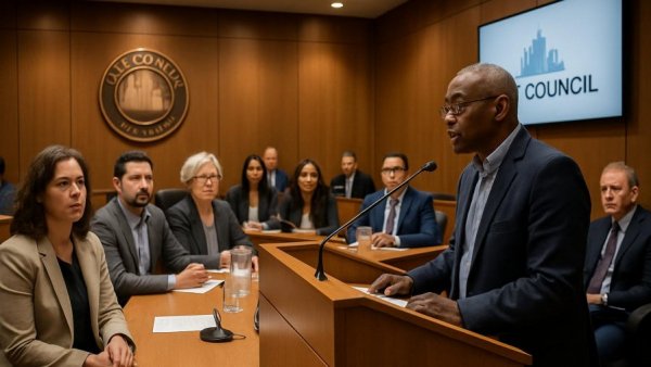 Santa Ana city council meeting discussing police accountability.