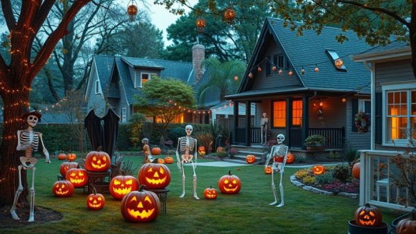 Vibrant Halloween yard decorations with skeletons and pumpkins, 2026 trends.