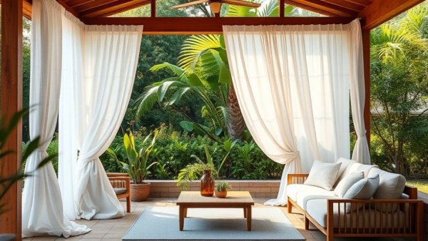 Elegant patio curtain ideas with white drapes and cozy seating.