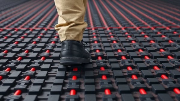 Person walking on REHAU STEPLOC radiant panel with red pipes.
