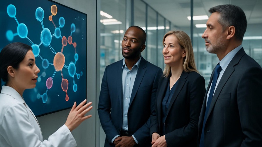 Biotech scientist presenting pharmaceutical innovation to business leaders