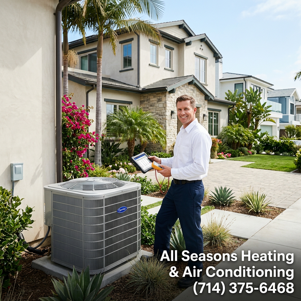Photorealistic image of a welcoming Huntington Beach home with technician and AC unit.
